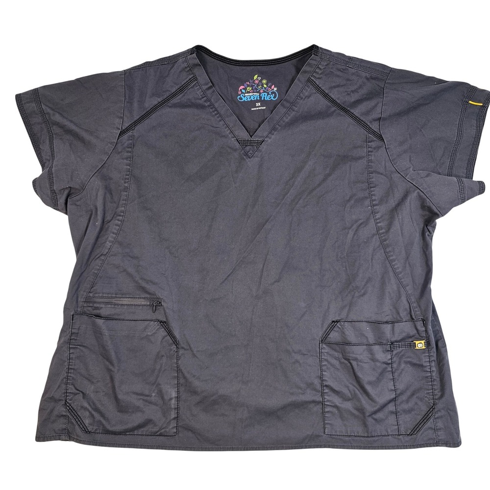 WonderWink Seven Flex Scrub‎ Top Charcoal Grey V-Neck Plus Size 3X Short Sleeve